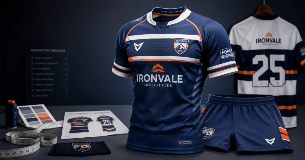 Custom rugby uniforms for clubs with jersey, shorts, sponsor logos and player number