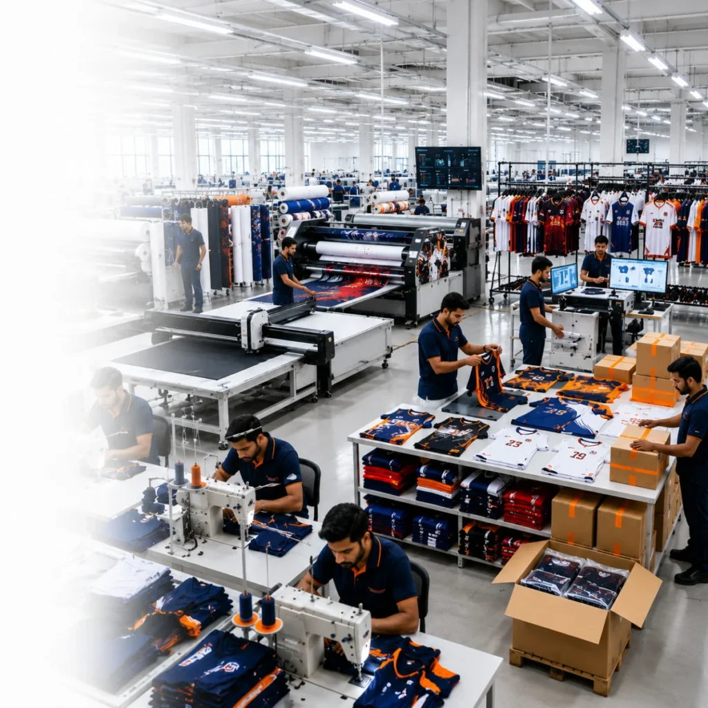 Custom sportswear manufacturing facility producing OEM team uniforms and private label sports apparel in Sialkot, Pakistan