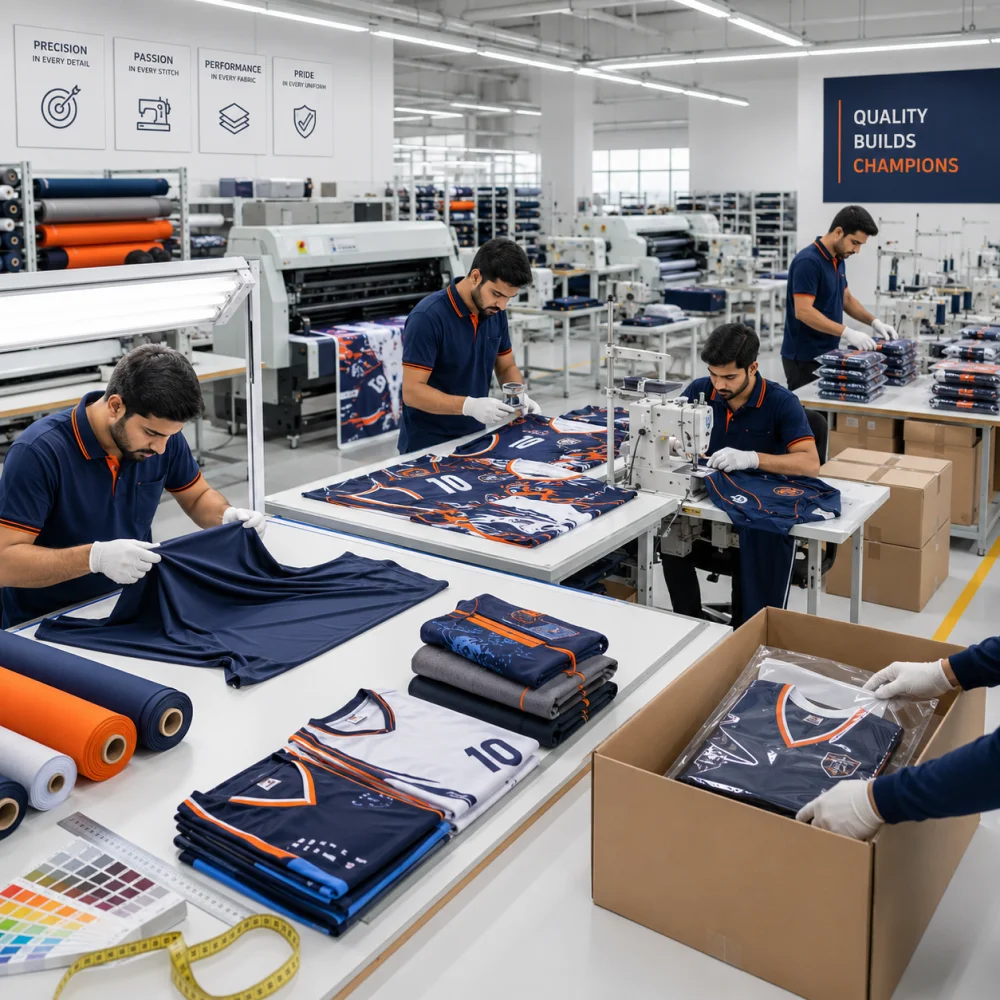 Quality assurance inspection during custom sportswear manufacturing at Friend Brothers Sports, including fabric inspection, sublimation printing, stitching quality control, and export packaging.
