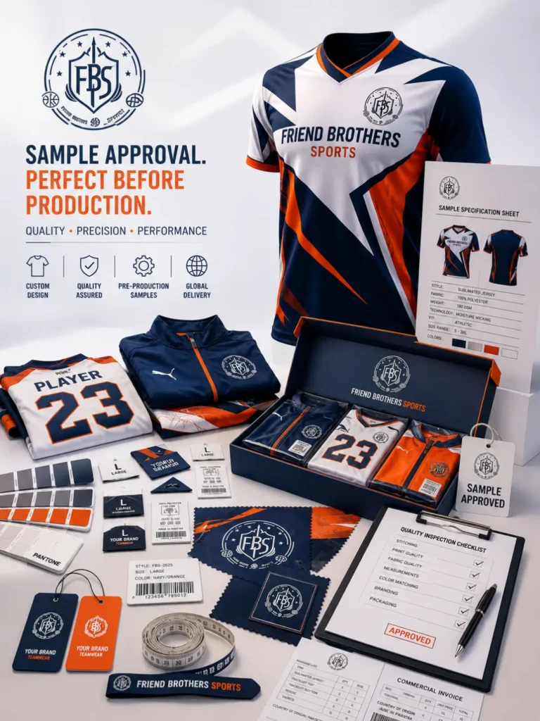 Custom sportswear sample approval process by Friend Brothers Sports featuring OEM garments, fabric swatches, quality inspection materials, and private label accessories before bulk production.