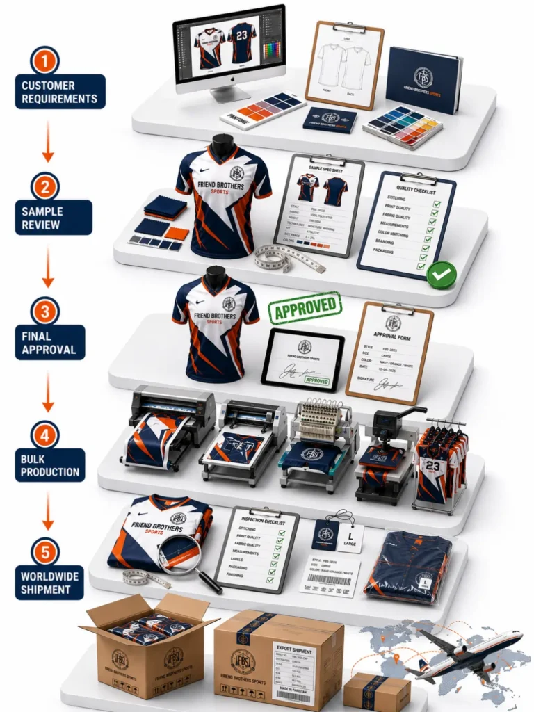 Custom sportswear sample approval workflow showing customer requirements, sample review, approval, bulk production, quality inspection and worldwide shipment by Friend Brothers Sports.