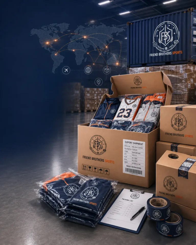 Friend Brothers Sports export-ready custom sportswear with premium packaging and worldwide OEM shipping for team uniforms and private label apparel.