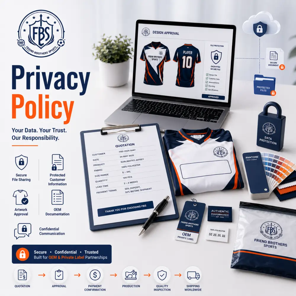 Privacy policy for custom sportswear customers showing secure artwork handling, quotation documents, and protected business information at Friend Brothers Sports