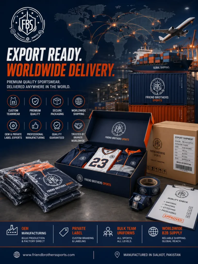 Export-ready custom sportswear packaged for worldwide delivery by Friend Brothers Sports.