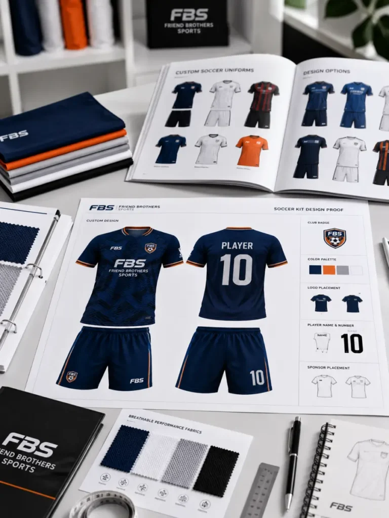 Soccer kit design proof and catalogue options for custom uniform production