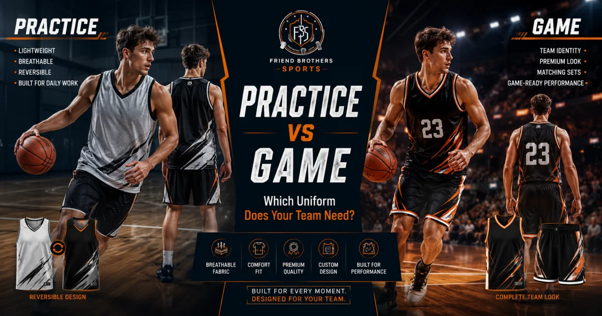 Basketball practice uniforms compared with basketball game uniforms for teams