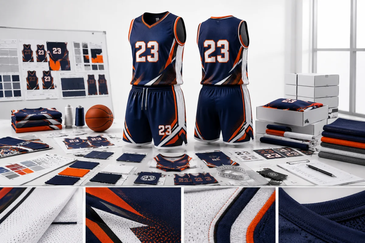 Custom basketball uniform printing and customization workspace with premium OEM manufacturing materials and private label branding elements.
