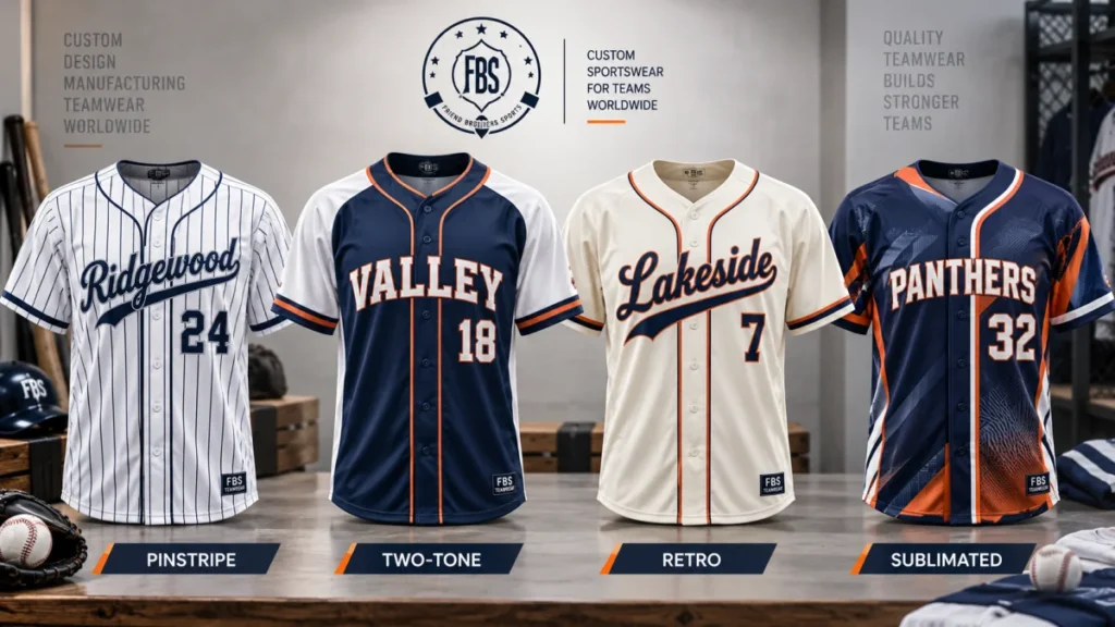 Baseball jersey design styles including pinstripe, two-tone, retro and sublimated team jerseys