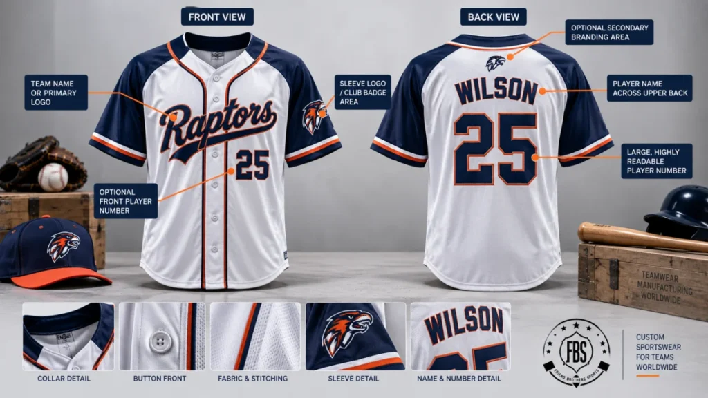 Baseball jersey logo, player name and number placement guide showing front and back customization areas