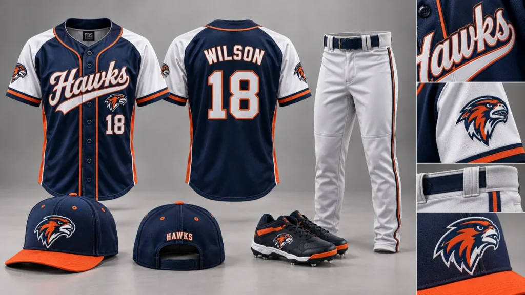 Complete baseball uniform with coordinated custom jersey, baseball pants and team cap